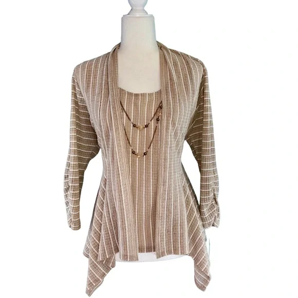 Alfred Dunner Cream White Petite Medium Latte Stripe Twinset Top w/ Necklace NWT - Picture 1 of 12